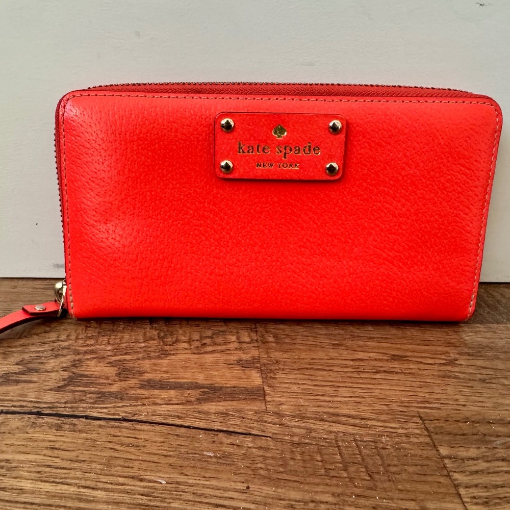 Kate‎ Spade Neda Wellesley Leather Wallet Neon Orange Zip Around Gold C